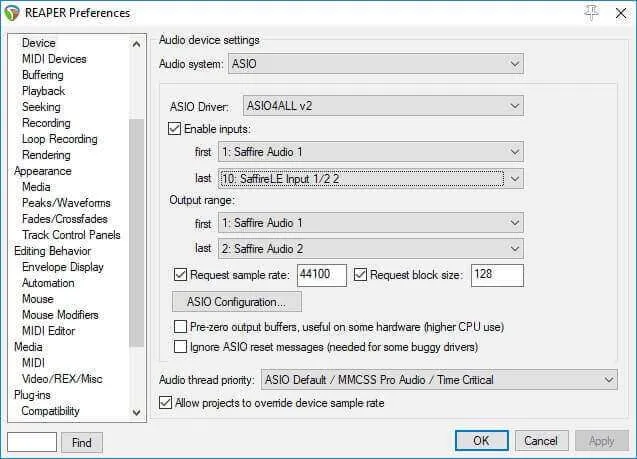 ASIO input and output settings