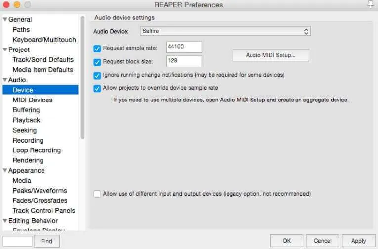 DAW audio preferences
