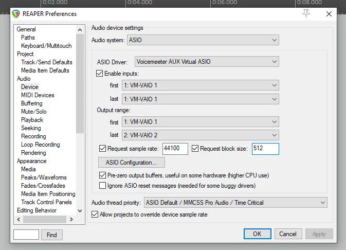 Reaper audio device and sample rate settings