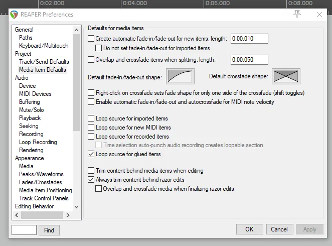 Reaper crossfade settings