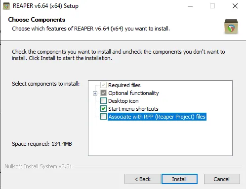 Reaper installation dialog