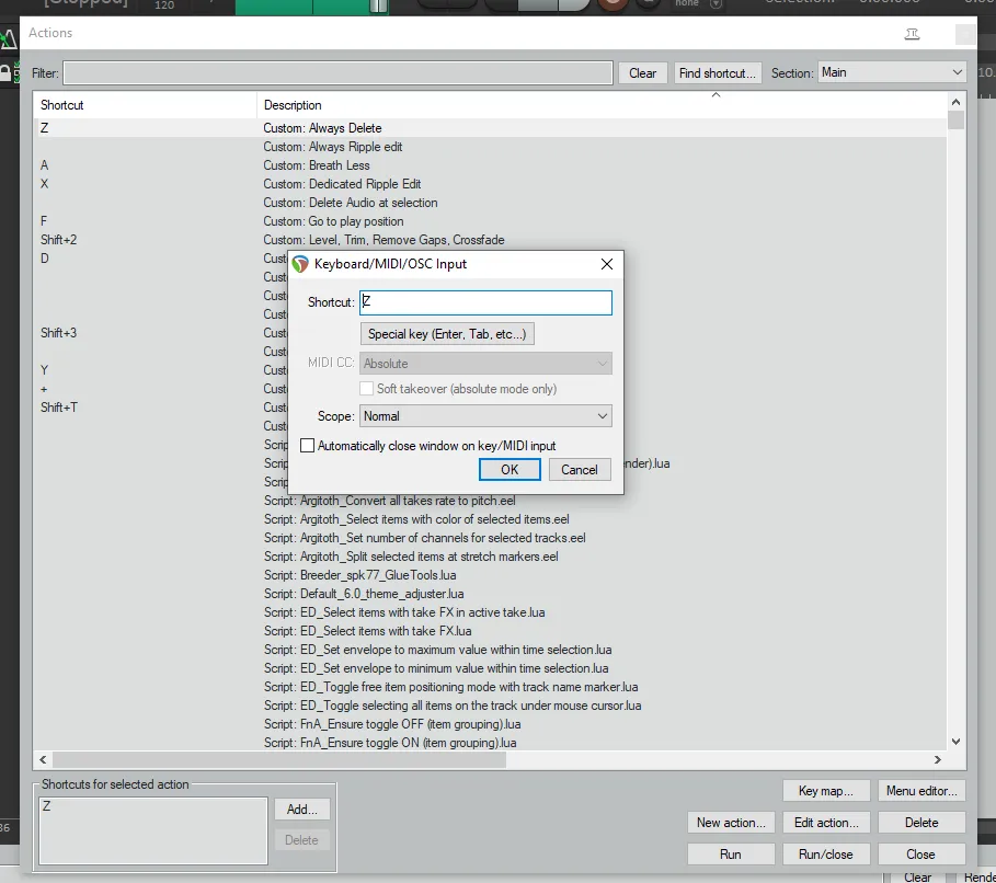 Assigning keyboard shortcuts in Reaper