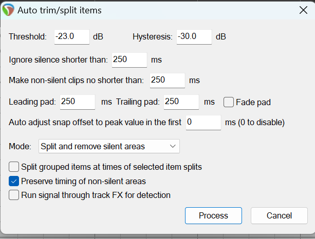 Auto trim and split settings dialog
