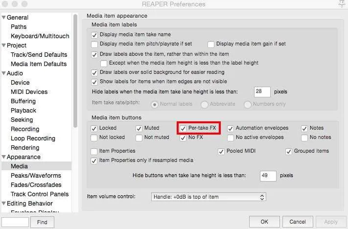 Per-take FX preference setting