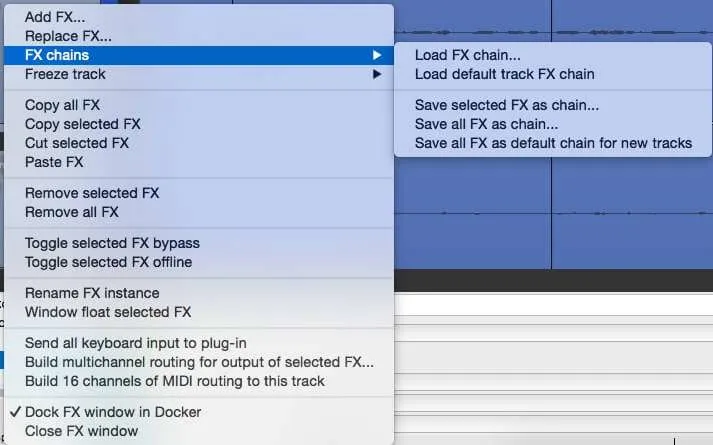 FX chain menu in Reaper