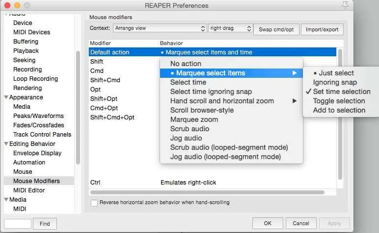 Mouse modifiers configuration